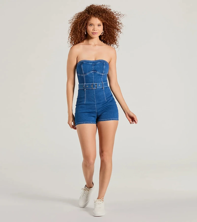 Cutie Alert Strapless Belted Denim Romper