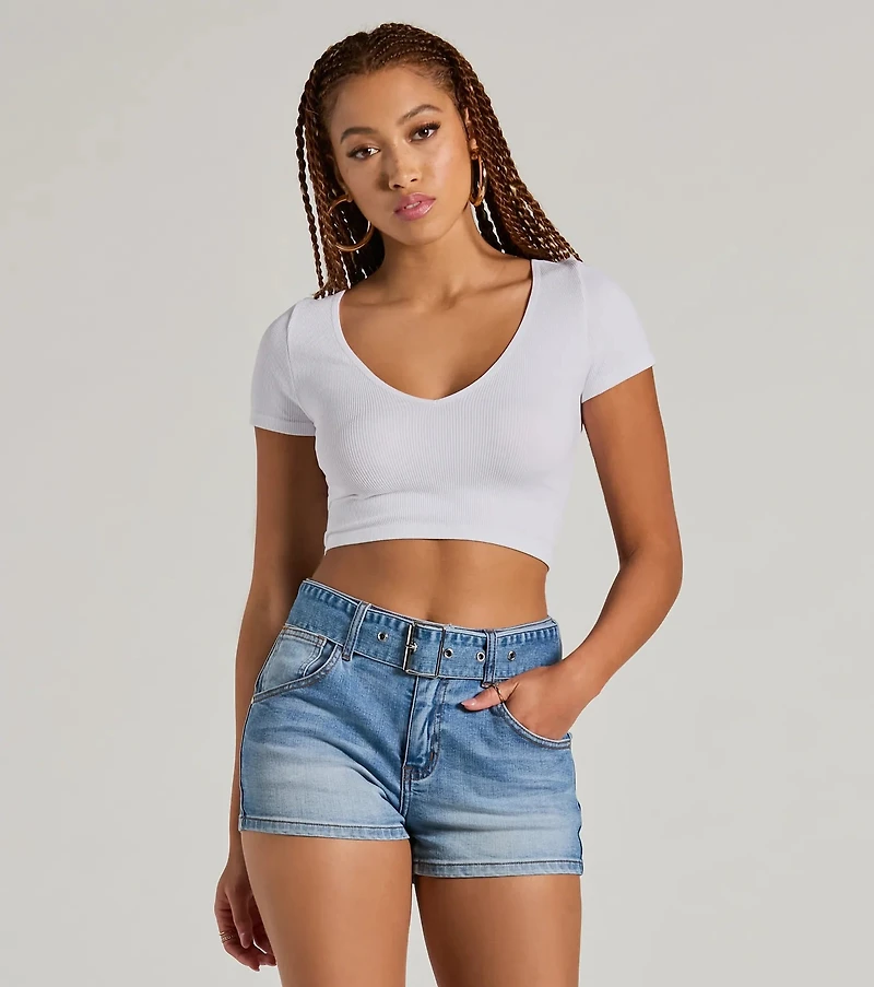 Summer Girlie Mid Rise Belted Denim Shorts