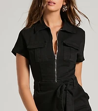 Done One Zip-Front Tie-Waist Denim Romper