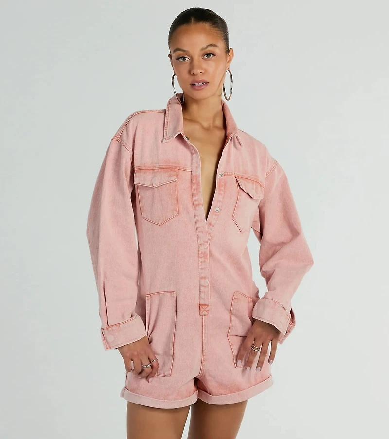 Road Trippin' Long Sleeve Cuffed Acid Denim Romper