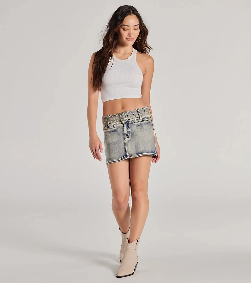 Cute Effect Mid-Rise Belted Denim Mini Skort