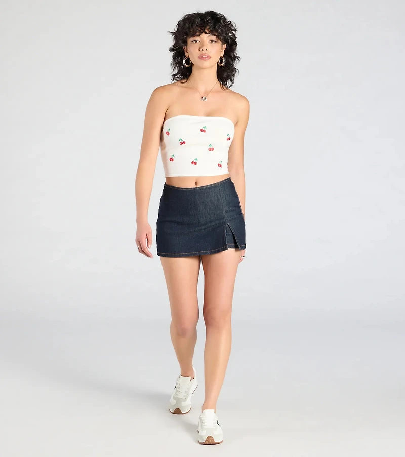 Always Ready Mid-Rise Slit Denim Mini Skort