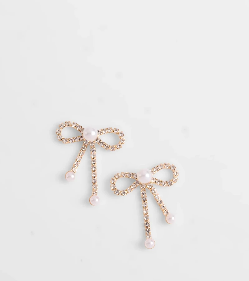 Perfect Glamour Faux Pearl Rhinestone Bow Earrings
