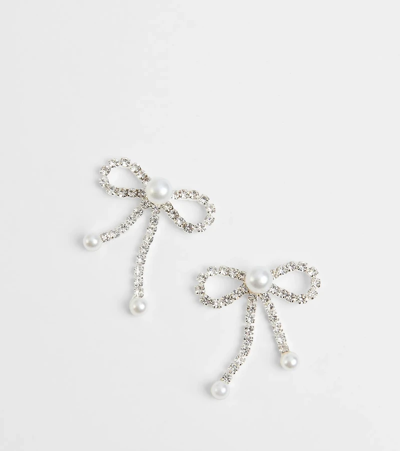 Perfect Glamour Faux Pearl Rhinestone Bow Earrings