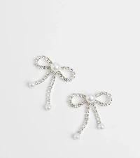 Perfect Glamour Faux Pearl Rhinestone Bow Earrings