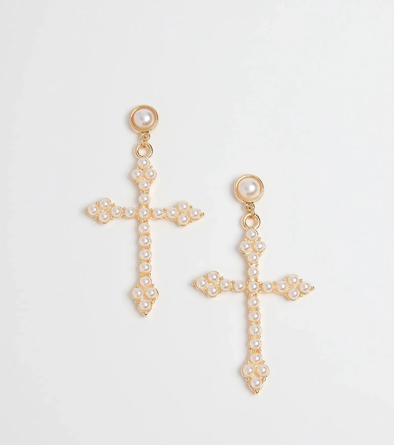 Blessed Style Faux Pearl Cross Earrings