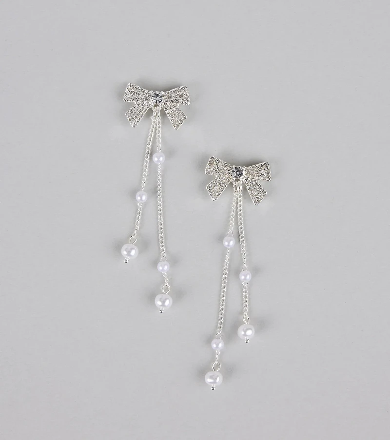 Darling Drama Rhinestone Bow Pearl Drop Earrings