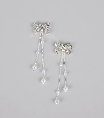 Darling Drama Rhinestone Bow Pearl Drop Earrings