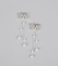 Darling Drama Rhinestone Bow Pearl Drop Earrings