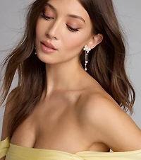 Darling Drama Rhinestone Bow Pearl Drop Earrings