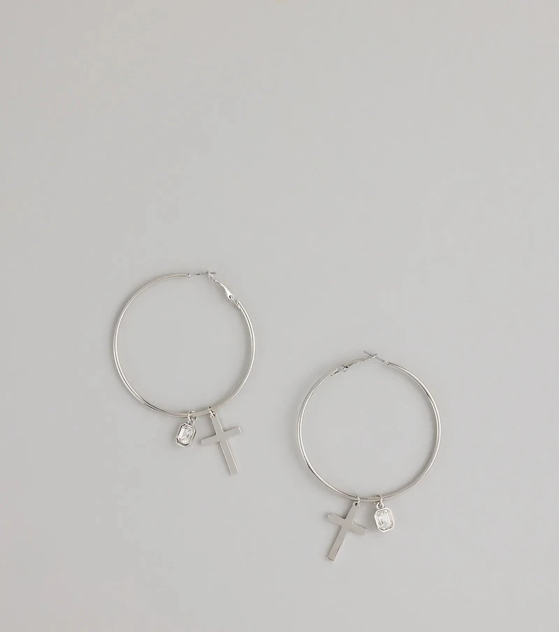 Drama Drop Cross Charm Hoop Earrings