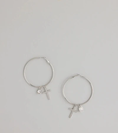 Drama Drop Cross Charm Hoop Earrings