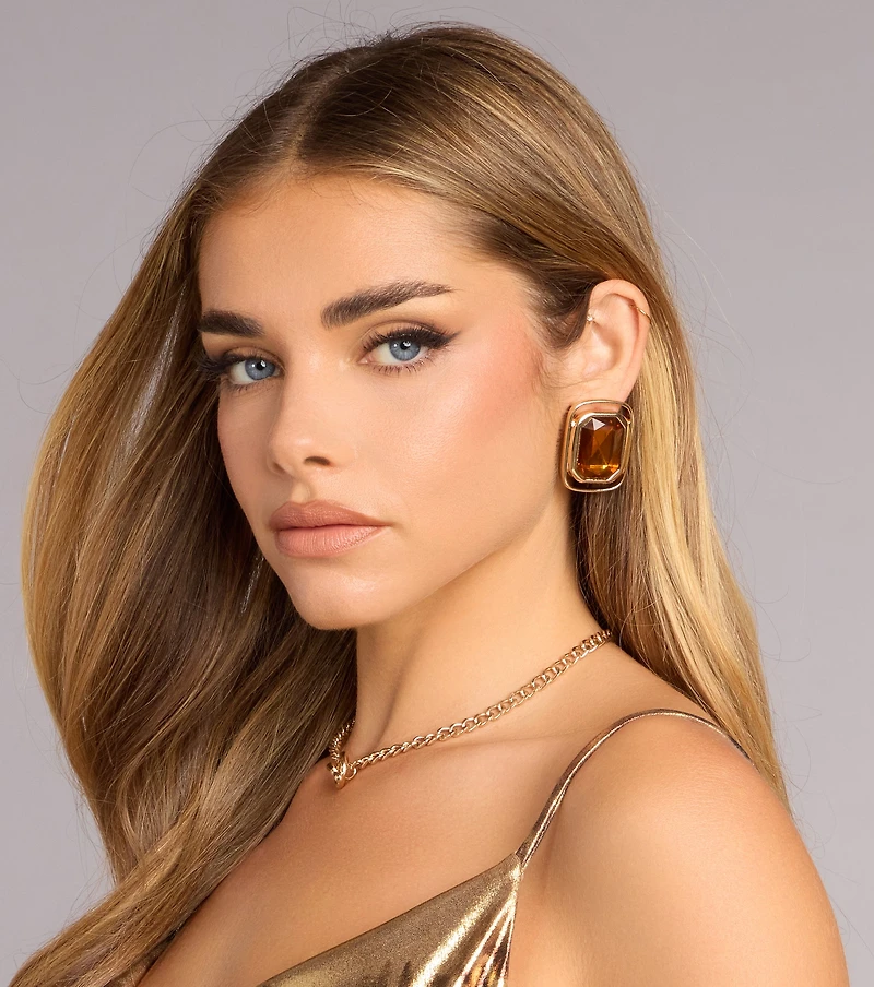 Bold Detail Statement Stone Stud Earrings