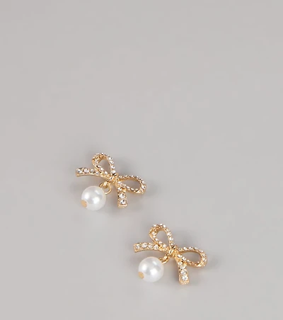 Sweet Sparkle Rhinestone And Pearl Bow Stud Earrings