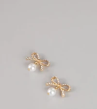 Sweet Sparkle Rhinestone And Pearl Bow Stud Earrings