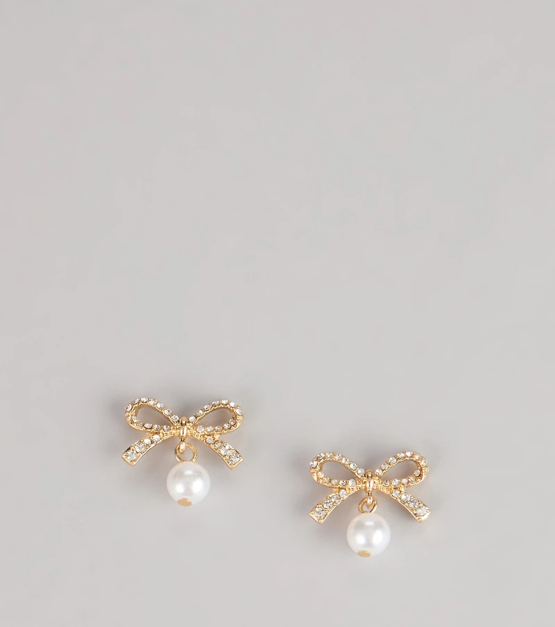 Sweet Sparkle Rhinestone And Pearl Bow Stud Earrings