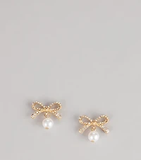 Sweet Sparkle Rhinestone And Pearl Bow Stud Earrings