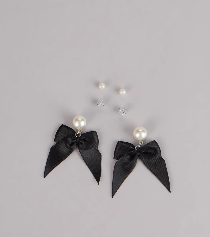Charmed Details Pearl Bow Stud Earrings Set