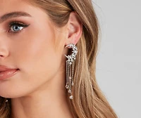 Crescent Moon Rhinestone Fringe Earrings
