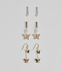 Glam Rhinestone And Pearl Butterfly Earrings Set