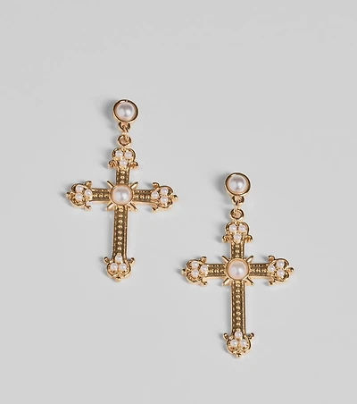 Blessed All Day Faux Pearl Cross Earrings