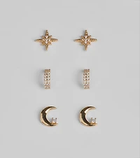 Celestial Glam Three-Pack Stud Earrings Set