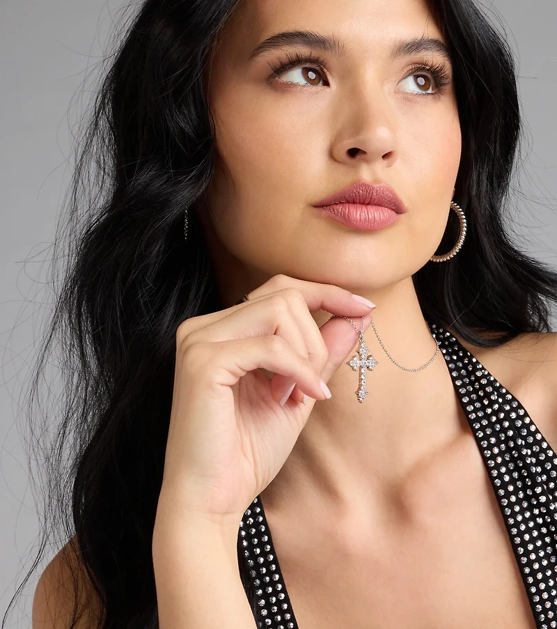 Divine Charm Rhinestone Cross Pendant Necklace
