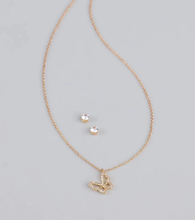 Soft Girl Sparkle Butterfly Necklace and Earrings Set