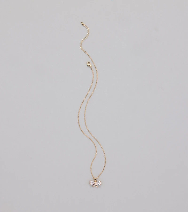 Dainty Glam Cubic Zirconia Bow Charm Necklace