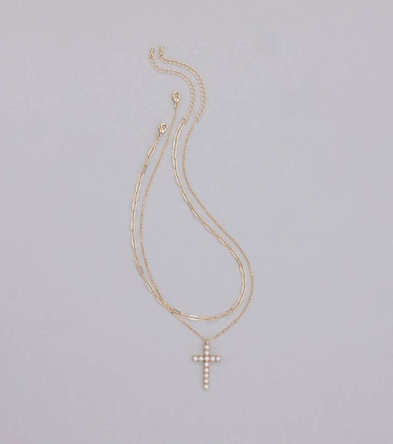 Devoted Love Faux Pearl Cross Chain Necklace