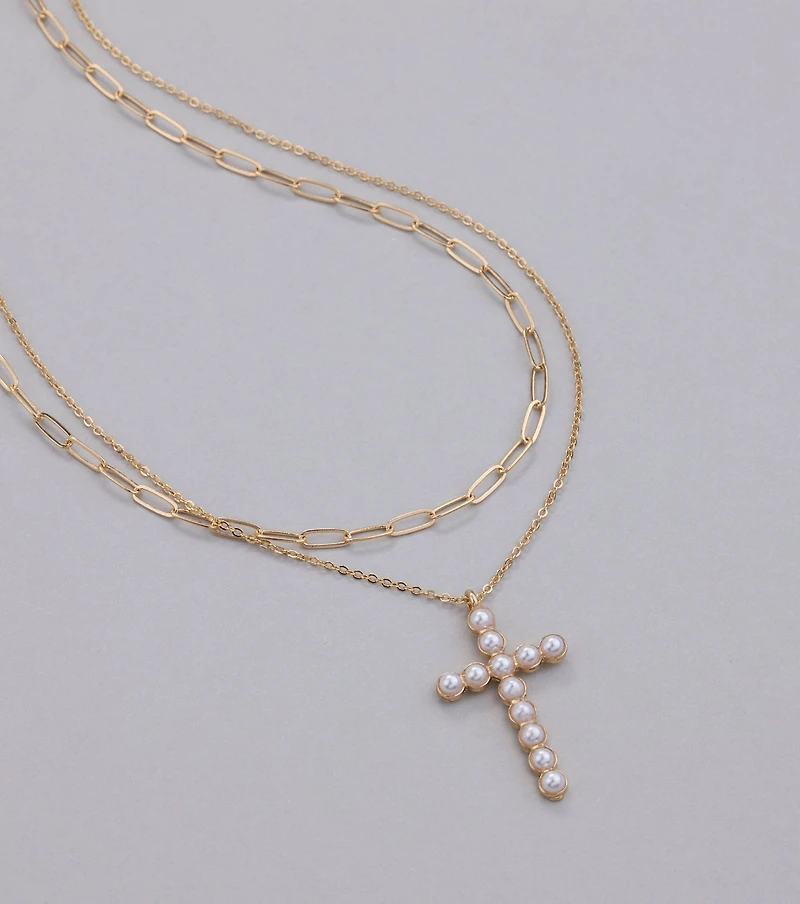 Devoted Love Faux Pearl Cross Chain Necklace