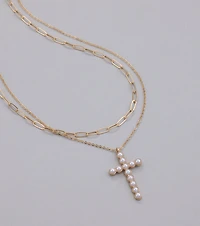 Devoted Love Faux Pearl Cross Chain Necklace