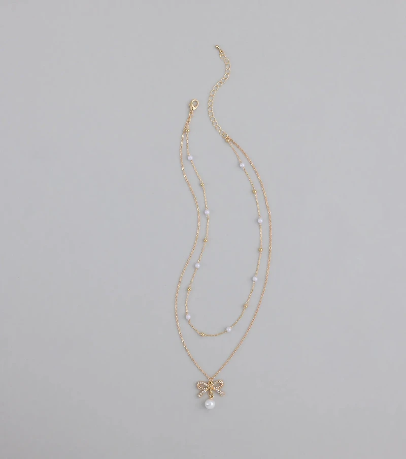 Sweet Trend Bow Pearl Layered Necklace