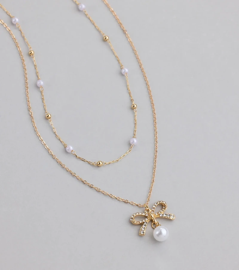 Sweet Trend Bow Pearl Layered Necklace