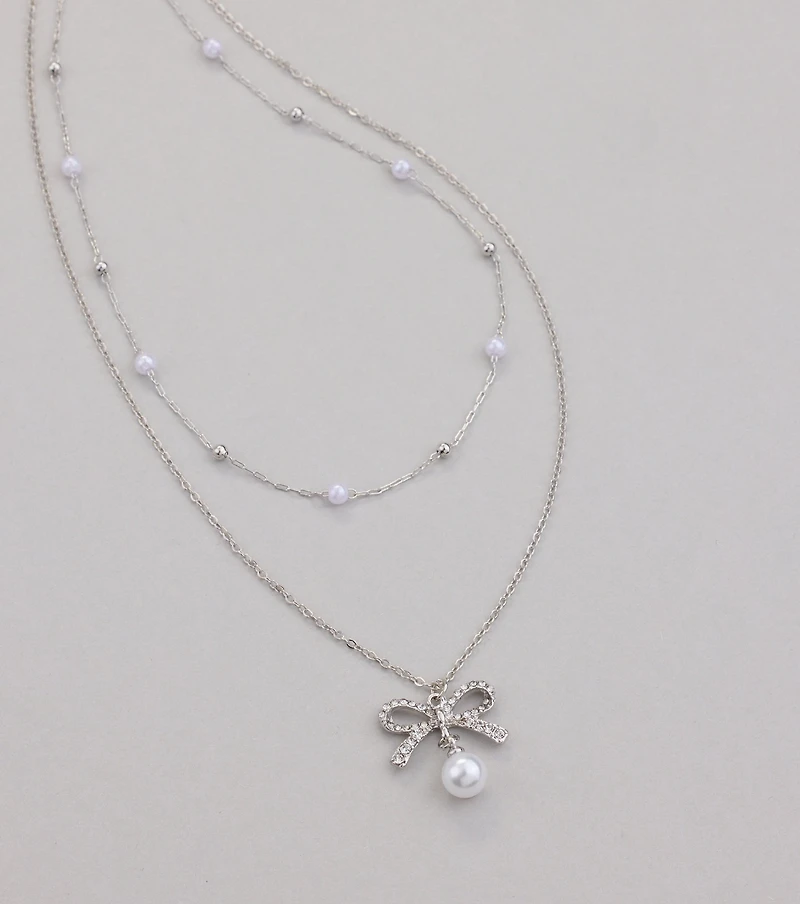 Sweet Trend Bow Pearl Layered Necklace