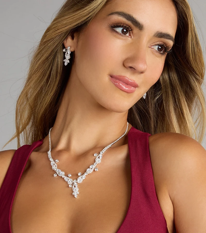 Statement Glow Rhinestone Necklace And Earrings Set