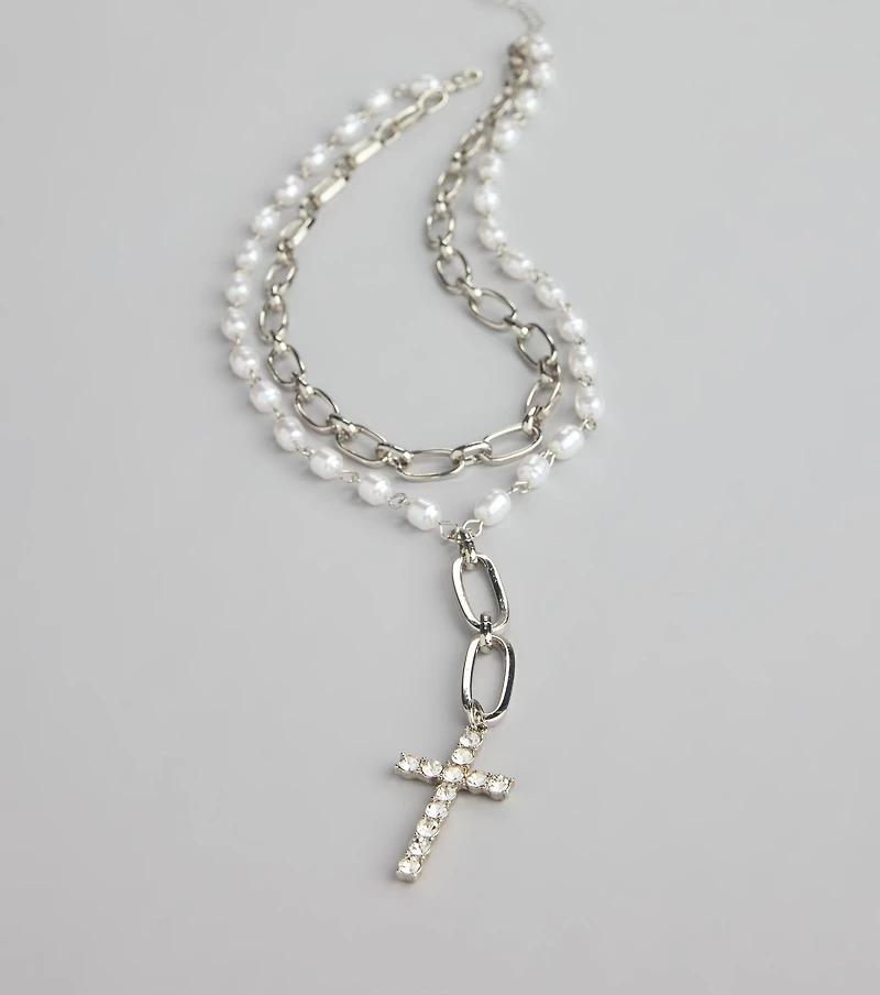 Saintly Chic Pearl And Rhinestone Cross Necklace