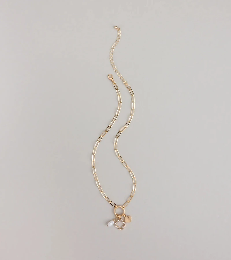 Good Luck Clover And Pearl Charm Necklace