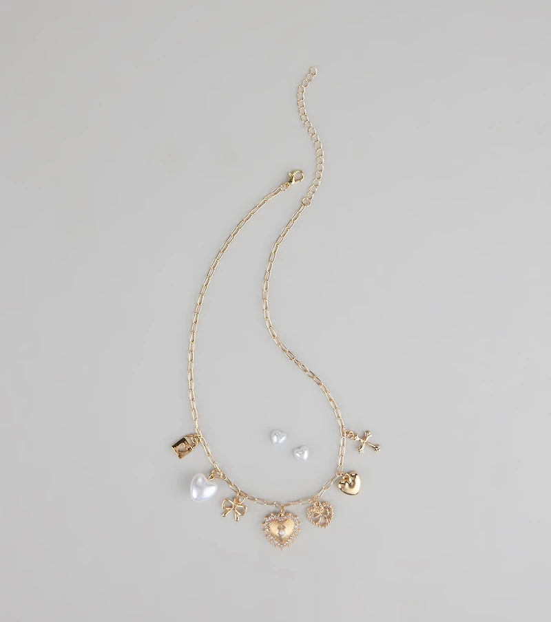 Sweet on You Charm Necklace And Heart Studs