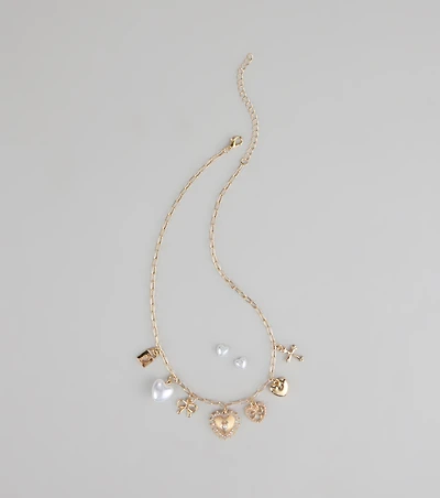 Sweet on You Charm Necklace And Heart Studs