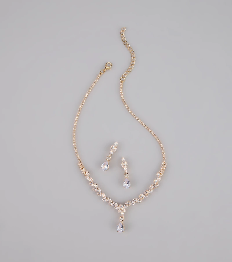 Shine Check Rhinestone Necklace And Earrings Set