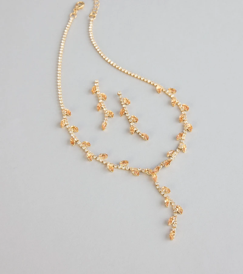 Sparkle In Bloom Rhinestone Leaf Necklace And Earrings Set