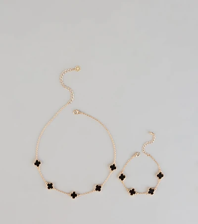 Lucky Charm Clover Necklace Bracelet Set