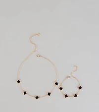 Lucky Charm Clover Necklace Bracelet Set