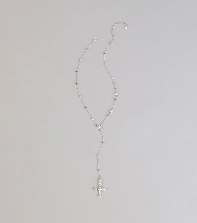 Soft Shine Rhinestone Cross Lariat Necklace