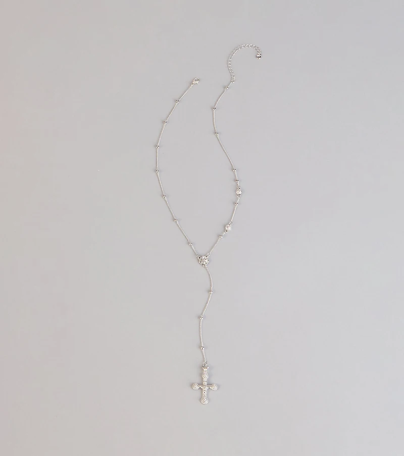Soft Shine Rhinestone Cross Lariat Necklace