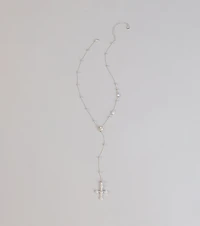 Soft Shine Rhinestone Cross Lariat Necklace