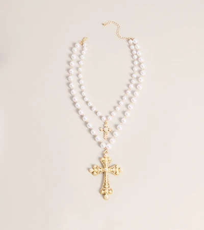 Soft Drama Faux Pearl Cross Necklace