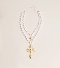 Soft Drama Faux Pearl Cross Necklace