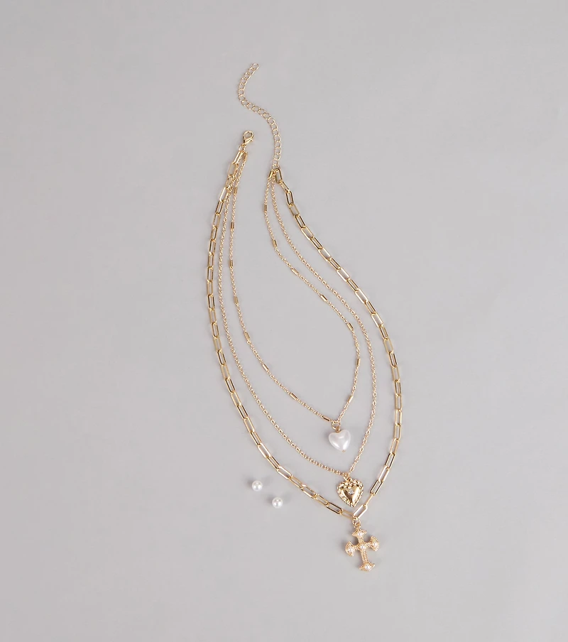 Heart And Charm Layered Necklace Set